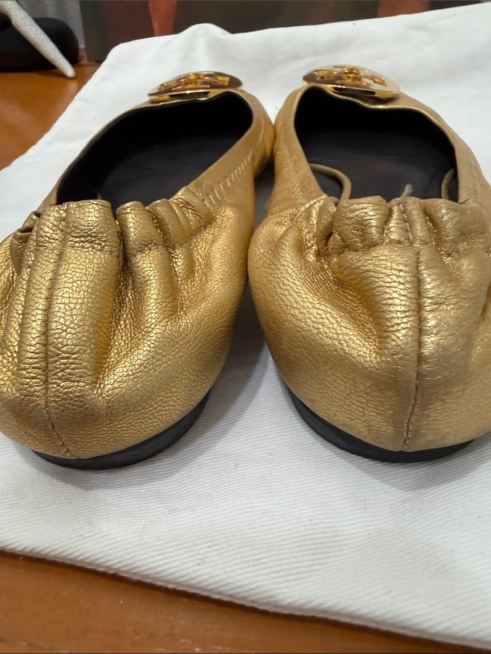 Tory Burch Metallic Gold Logo Round-Toe Ballet Flats